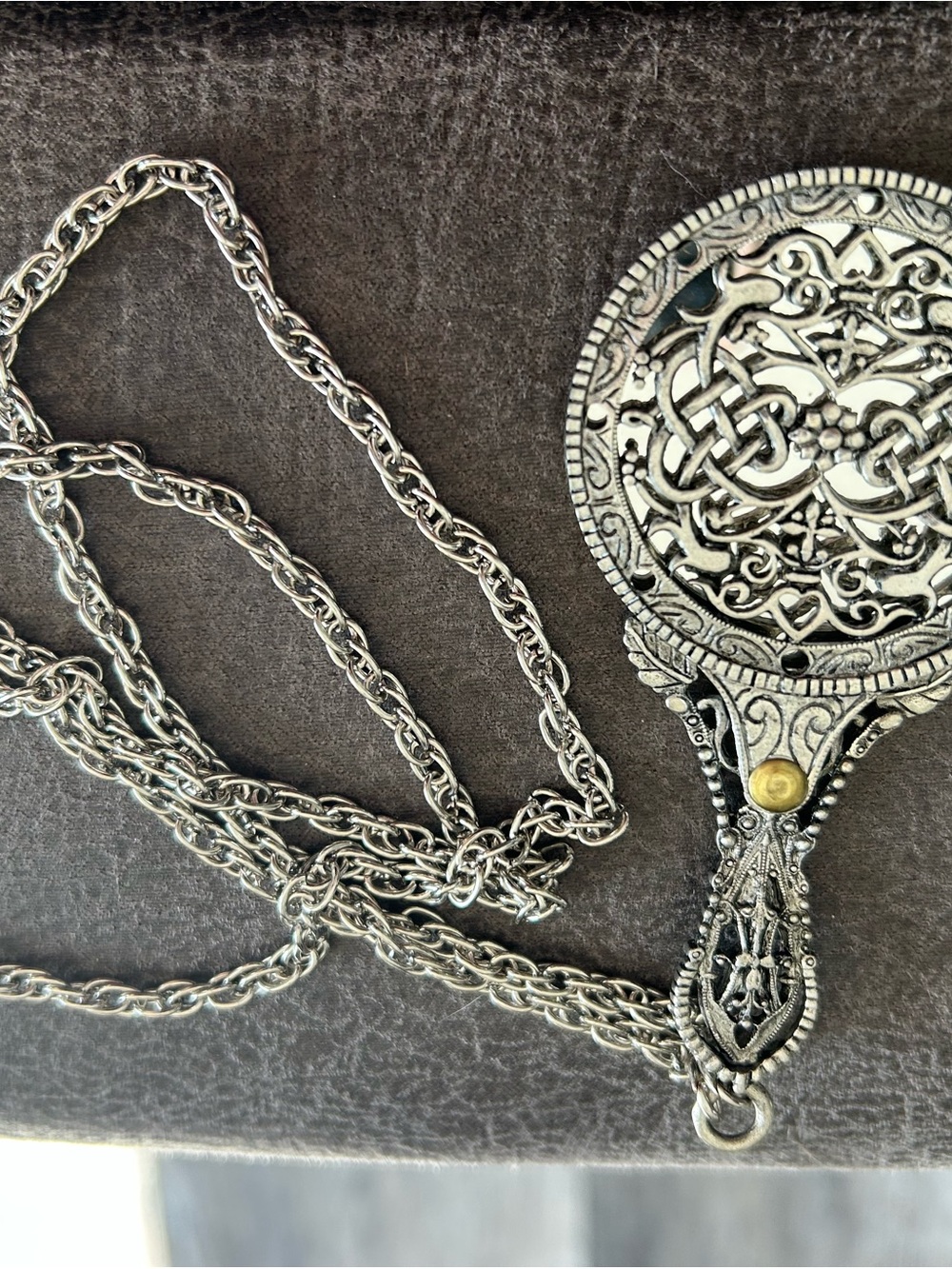 1928 filigree silver mirror Pendant Necklace